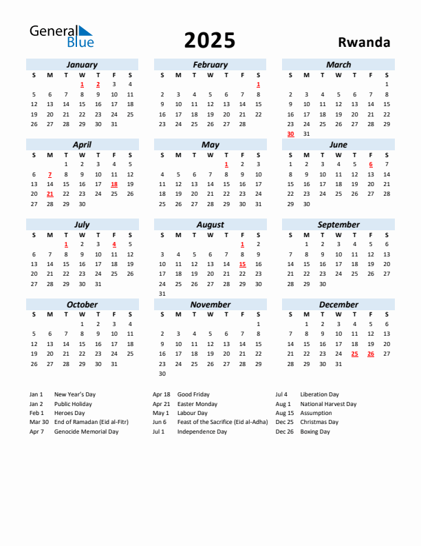 2025 Calendar for Rwanda with Holidays