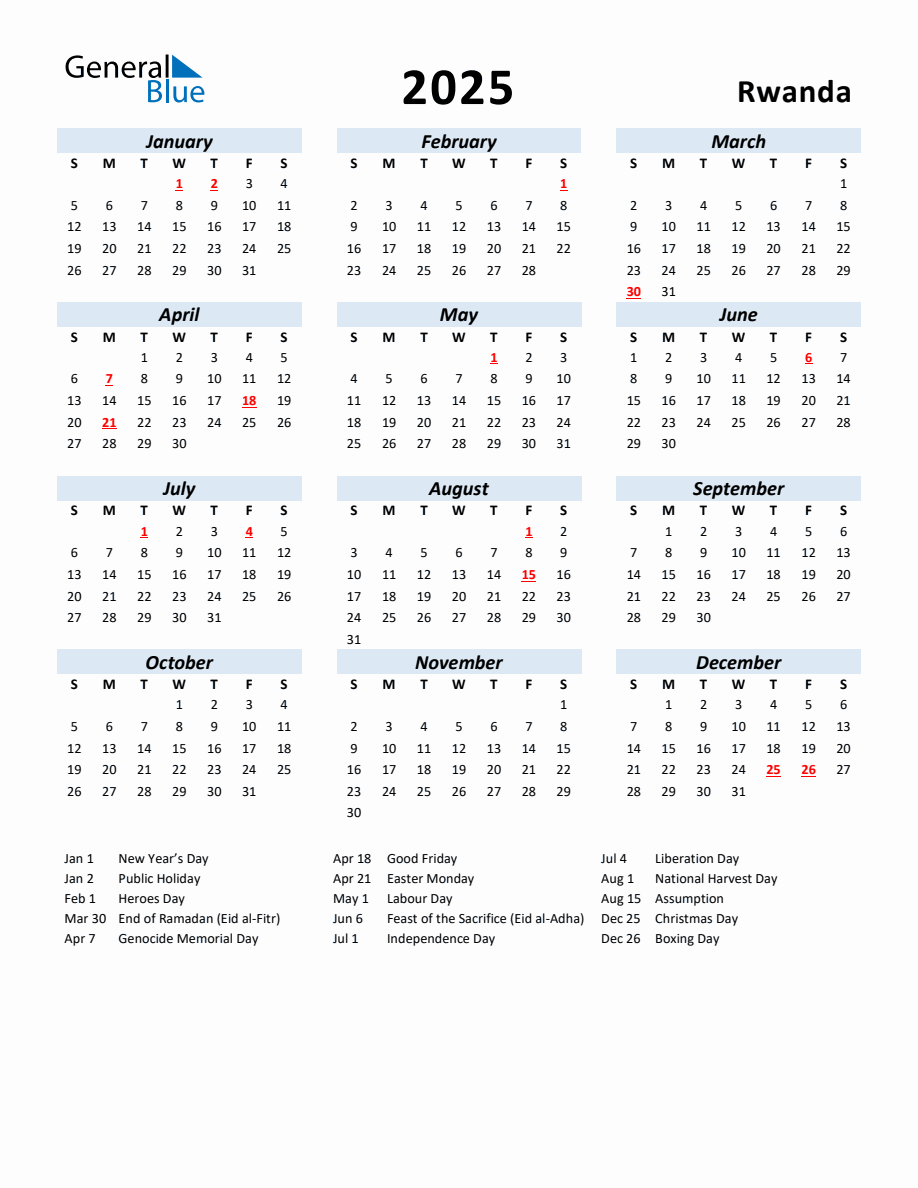 2025 Yearly Calendar for Rwanda with Holidays