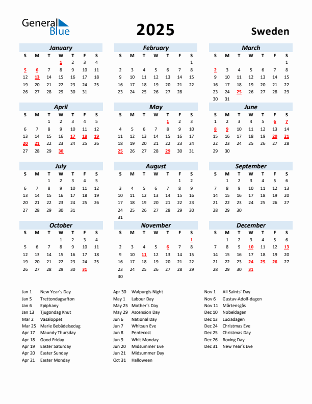 2025 Calendar for Sweden with Holidays