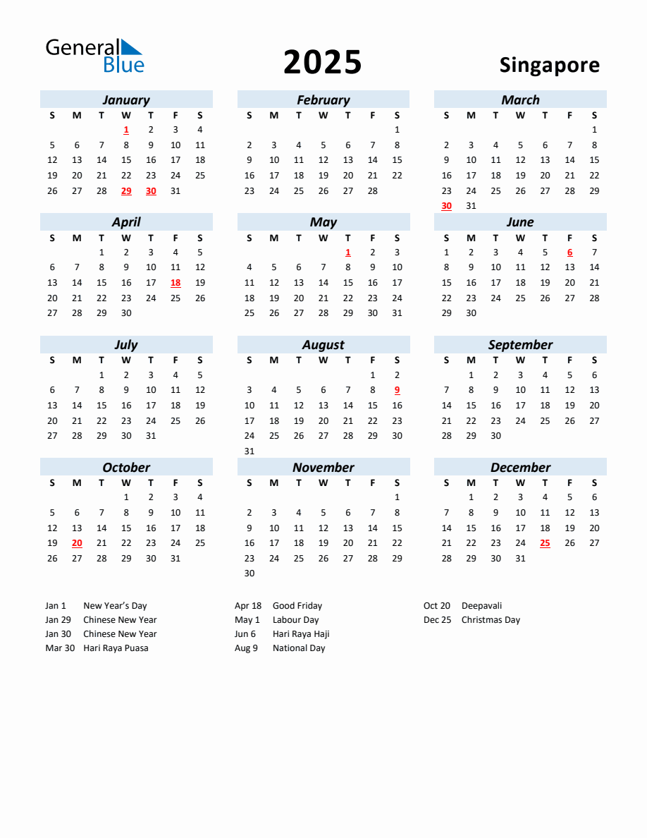 2025 Yearly Calendar for Singapore with Holidays