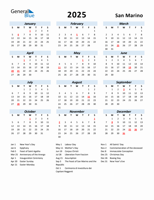 2025 Calendar for San Marino with Holidays