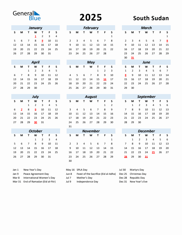 2025 Calendar for South Sudan with Holidays