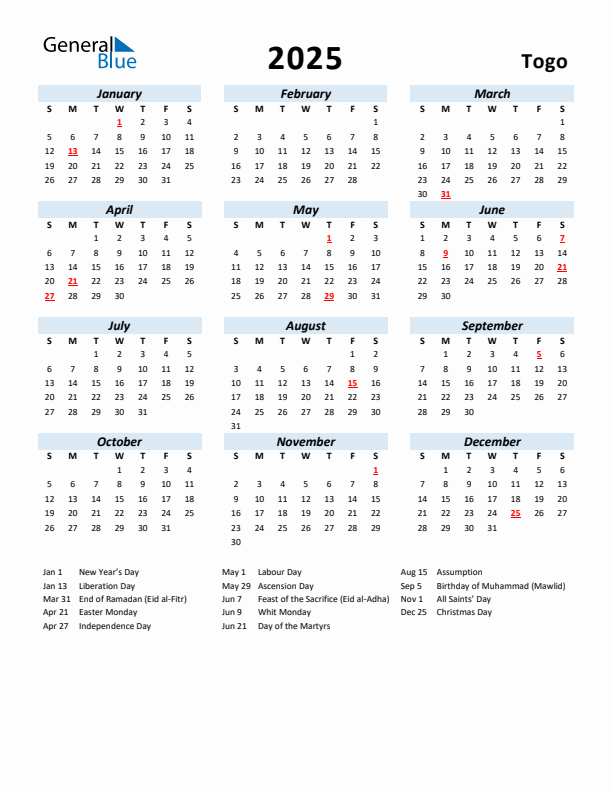 2025 Calendar for Togo with Holidays