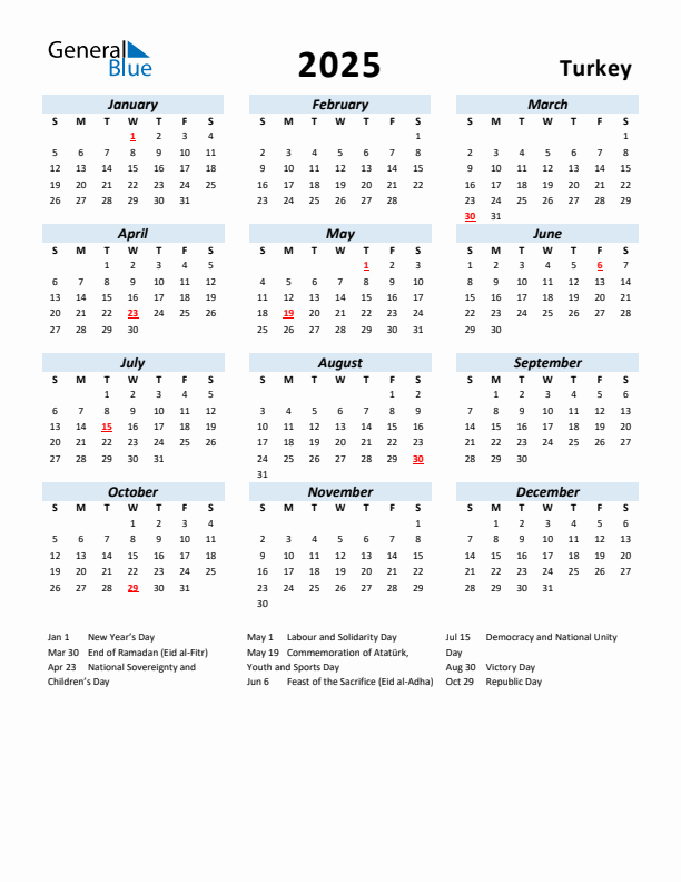 2025 Calendar for Turkey with Holidays