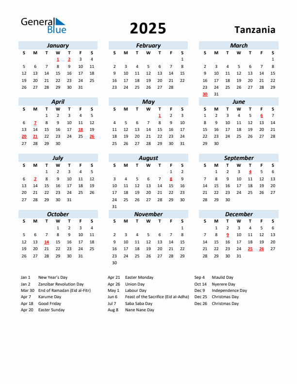 2025 Calendar for Tanzania with Holidays