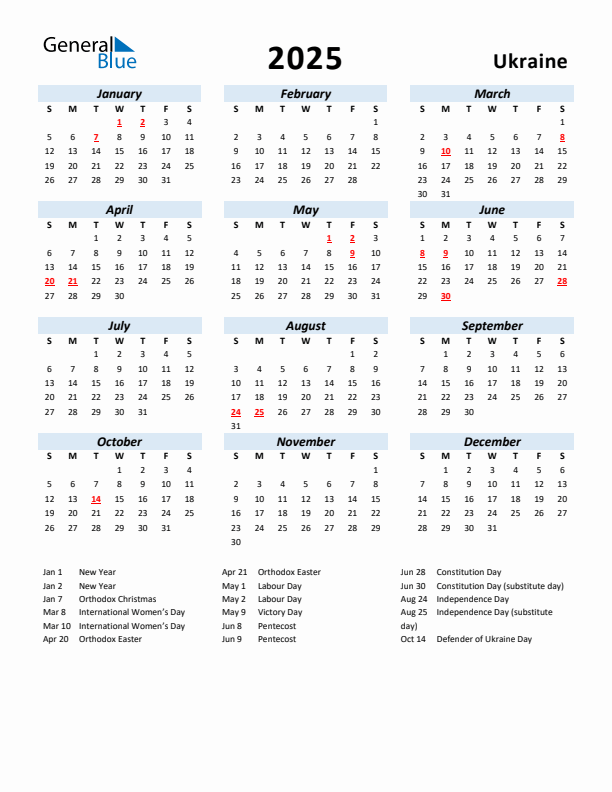 2025 Yearly Calendar for Ukraine with Holidays