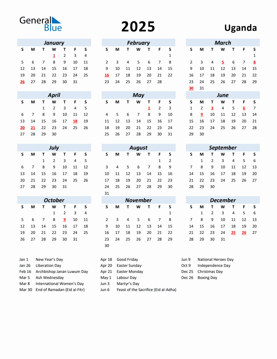 2025 Yearly Calendar for Uganda with Holidays