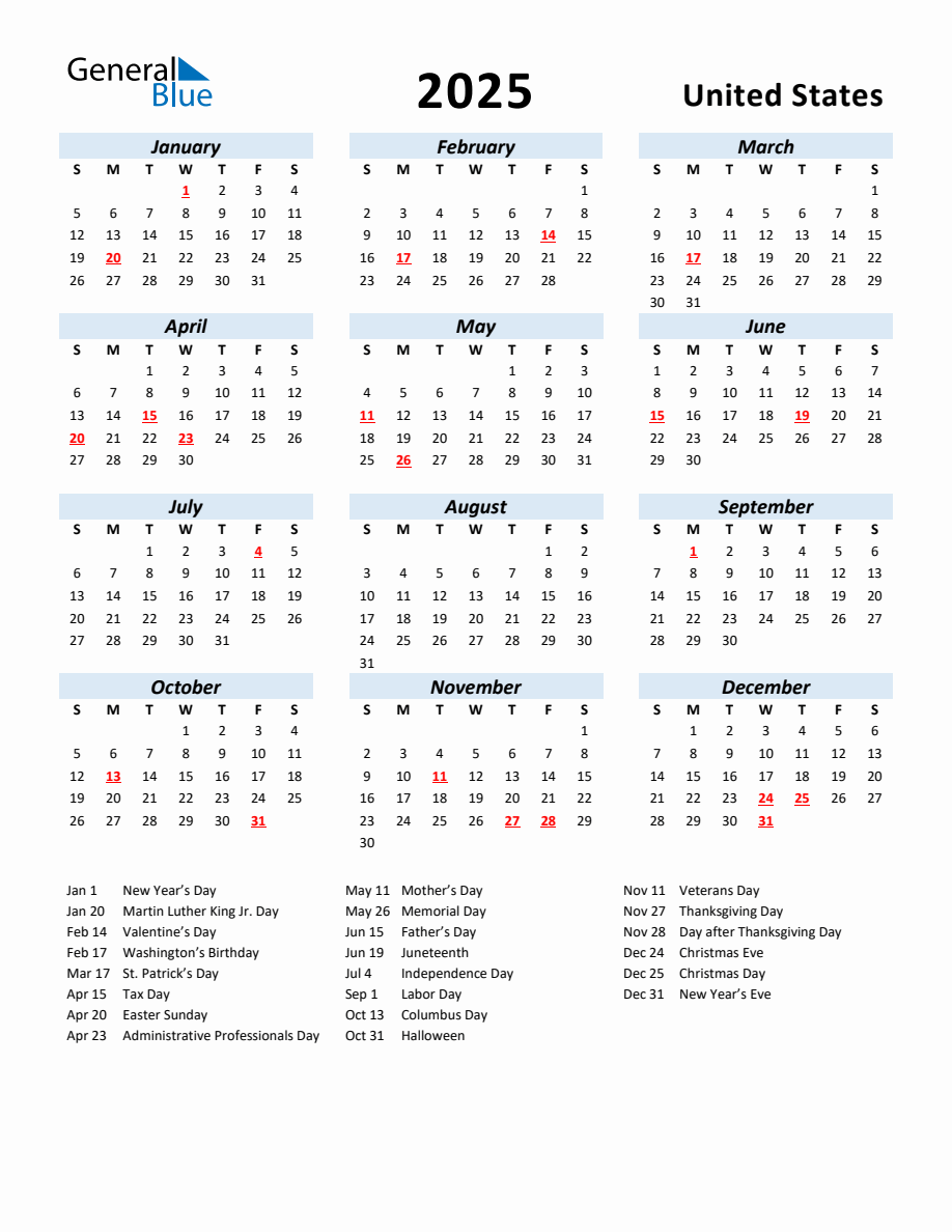 2025 Yearly Calendar for United States with Holidays