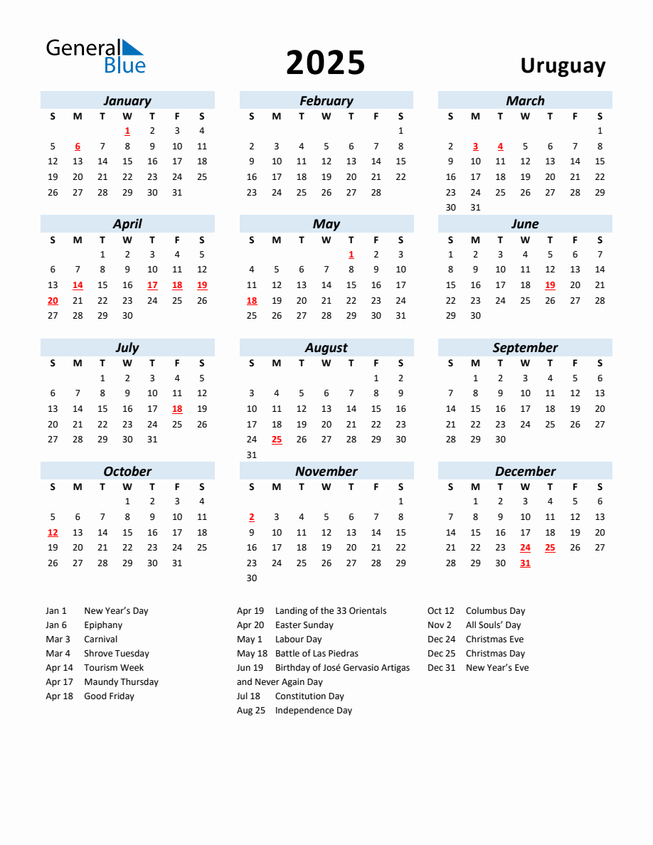 2025 Yearly Calendar for Uruguay with Holidays