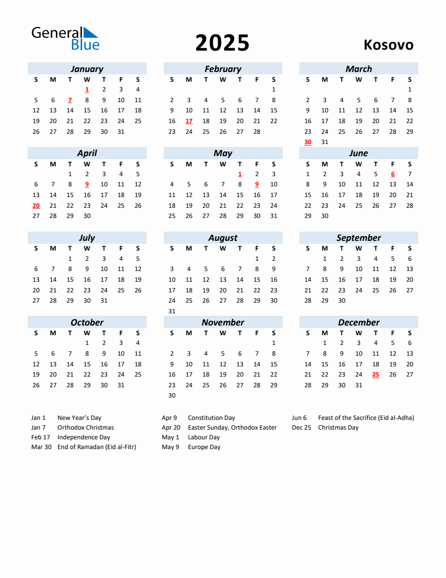 2025 Yearly Calendar for Kosovo with Holidays