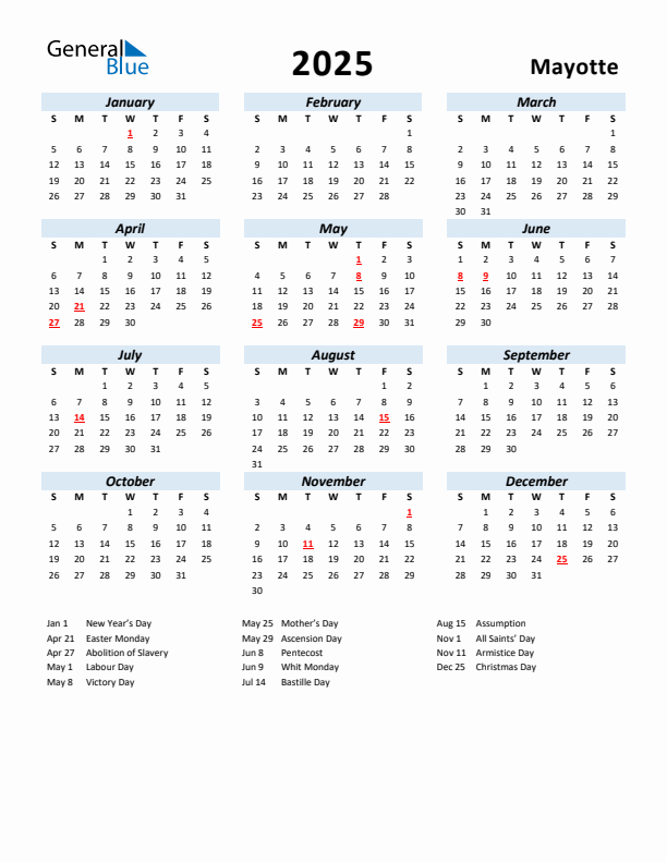 2025 Calendar for Mayotte with Holidays