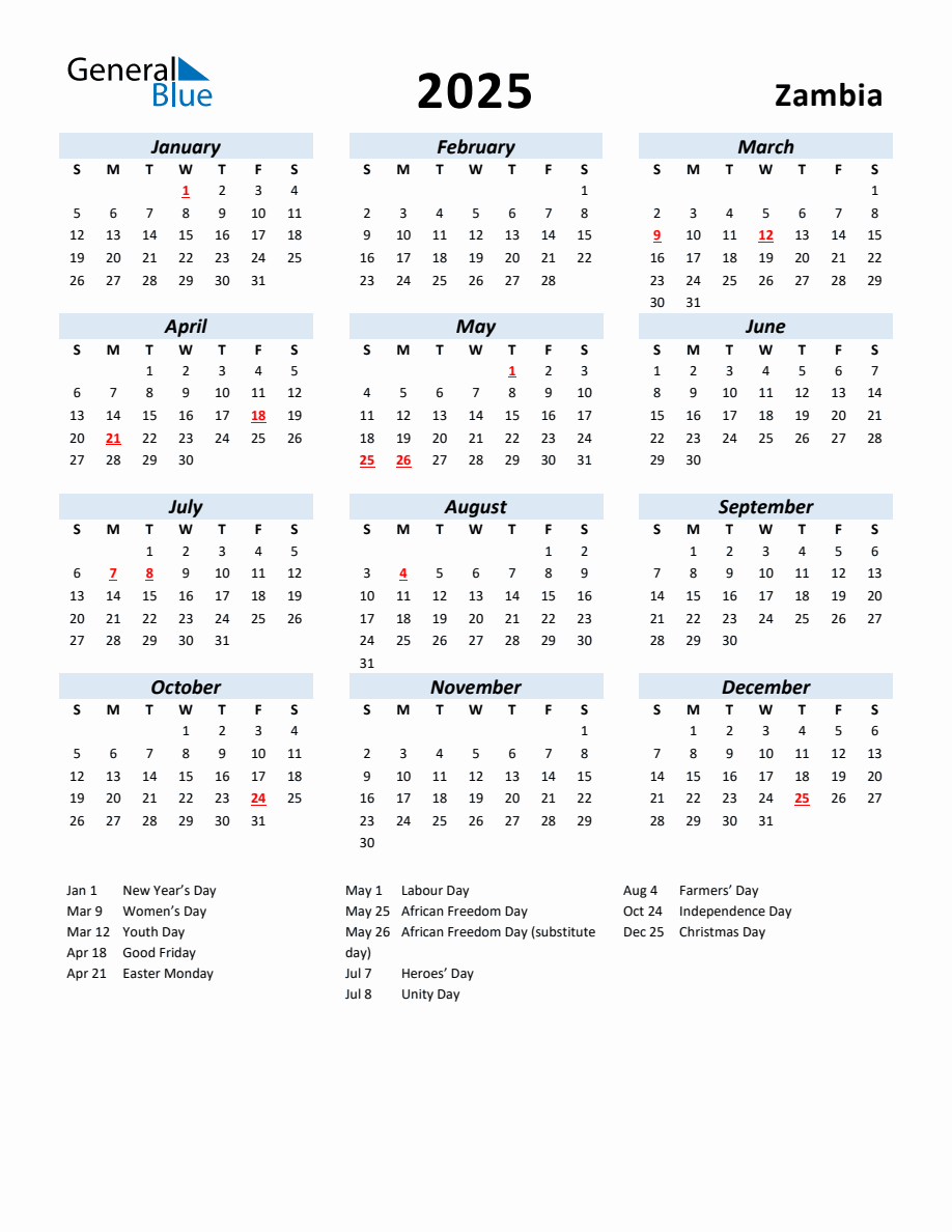 2025 Yearly Calendar for Zambia with Holidays