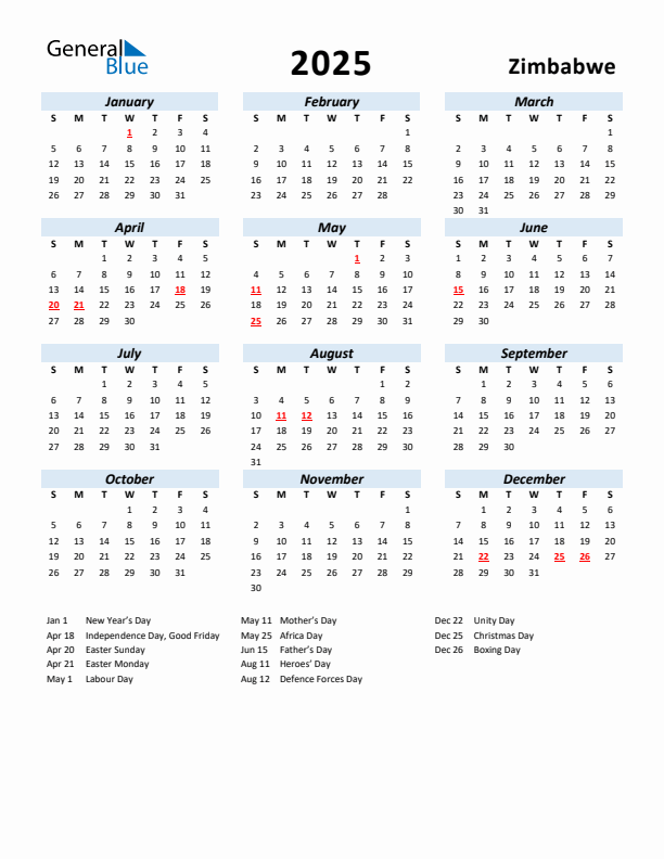 2025 Calendar for Zimbabwe with Holidays