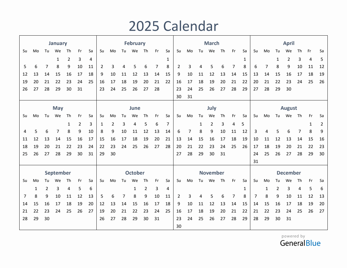 One-Page Yearly Calendar 2025 (PDF Excel Word)