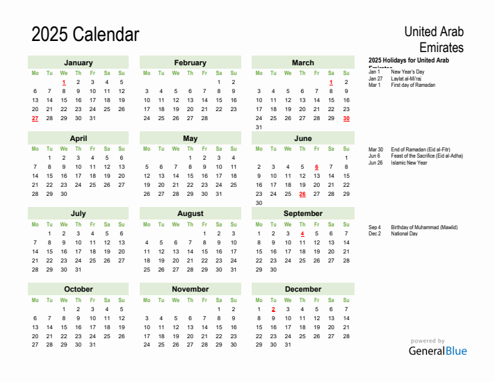 Holiday Calendar 2025 for United Arab Emirates (Monday Start)