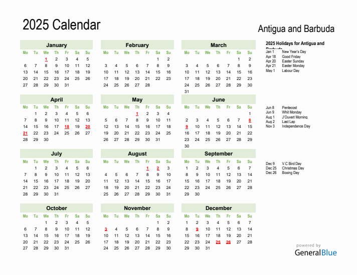Holiday Calendar 2025 for Antigua and Barbuda (Monday Start)