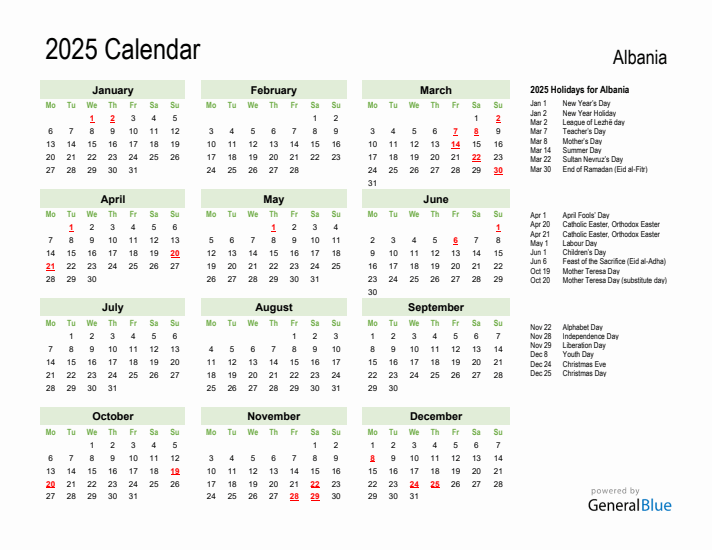 Holiday Calendar 2025 for Albania (Monday Start)