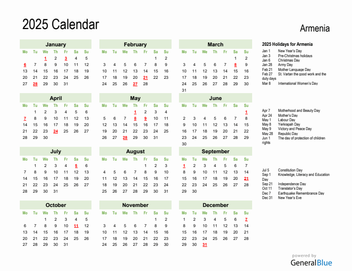 Holiday Calendar 2025 for Armenia (Monday Start)