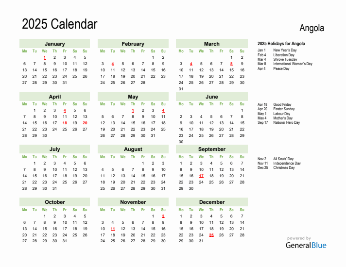 Holiday Calendar 2025 for Angola (Monday Start)