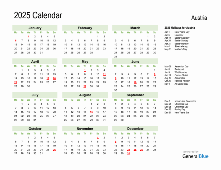 Holiday Calendar 2025 for Austria (Monday Start)