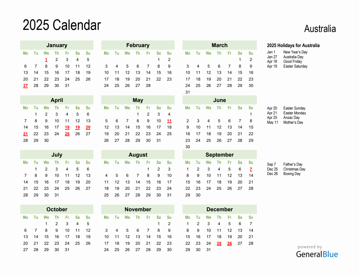 Holiday Calendar 2025 for Australia (Monday Start)