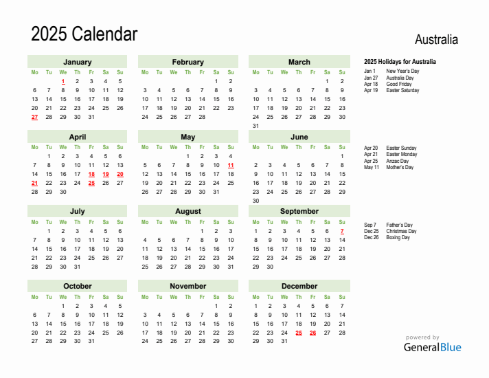 Holiday Calendar 2025 for Australia (Monday Start)