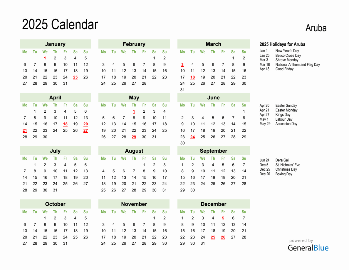 Holiday Calendar 2025 for Aruba (Monday Start)