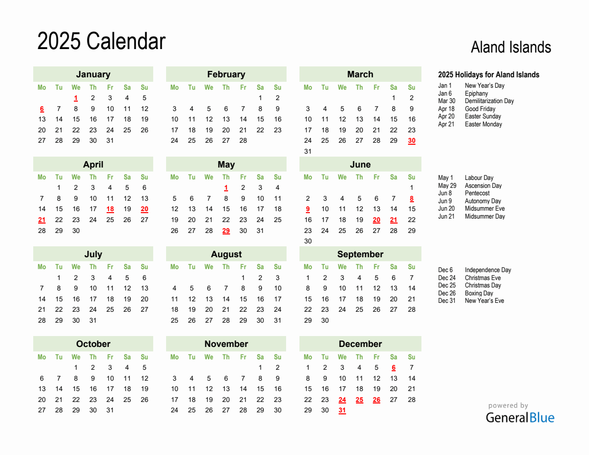 Holiday Calendar 2025 for Aland Islands (Monday Start)