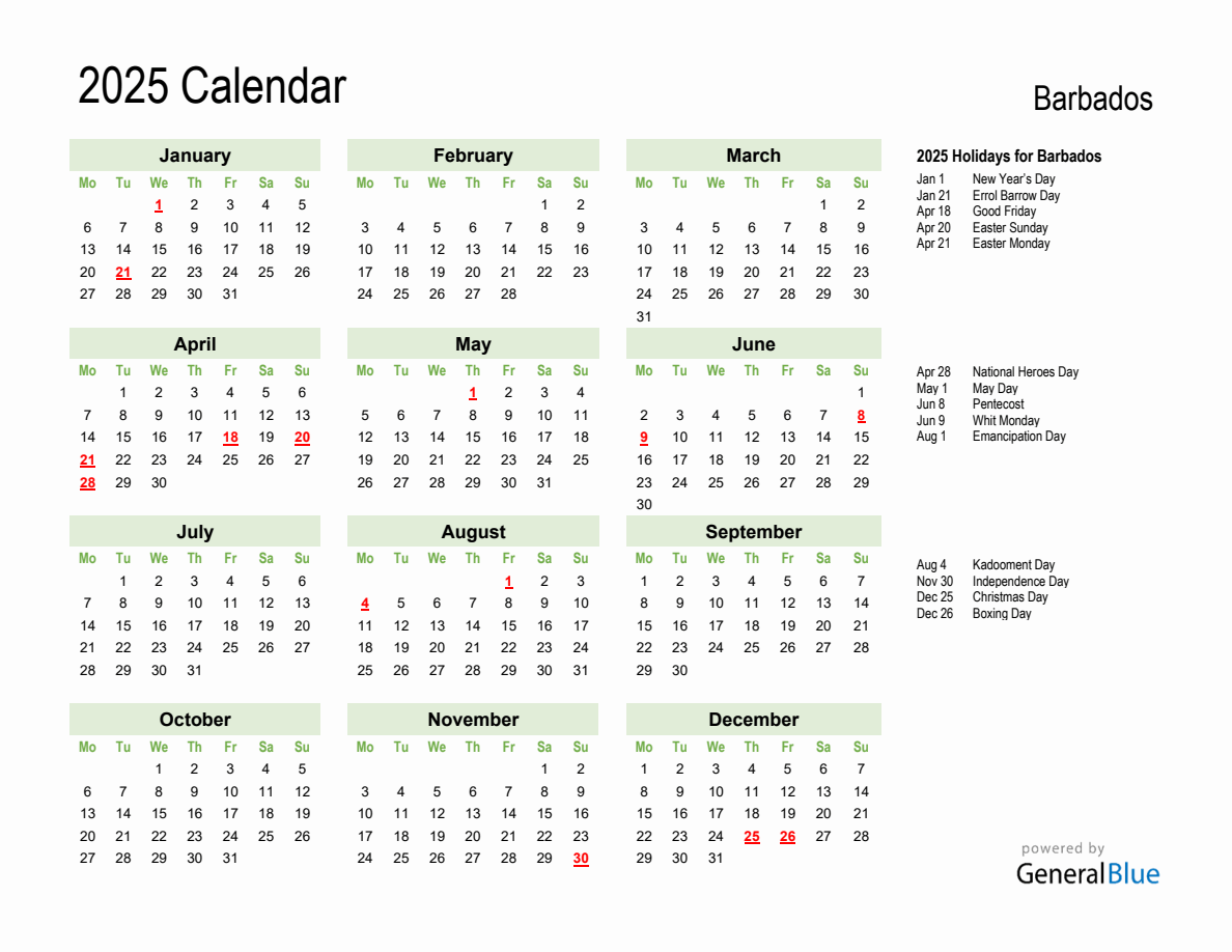 2025 Calendar With Barbados Holidays 