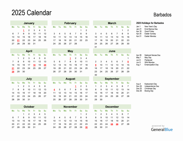 Holiday Calendar 2025 for Barbados (Monday Start)