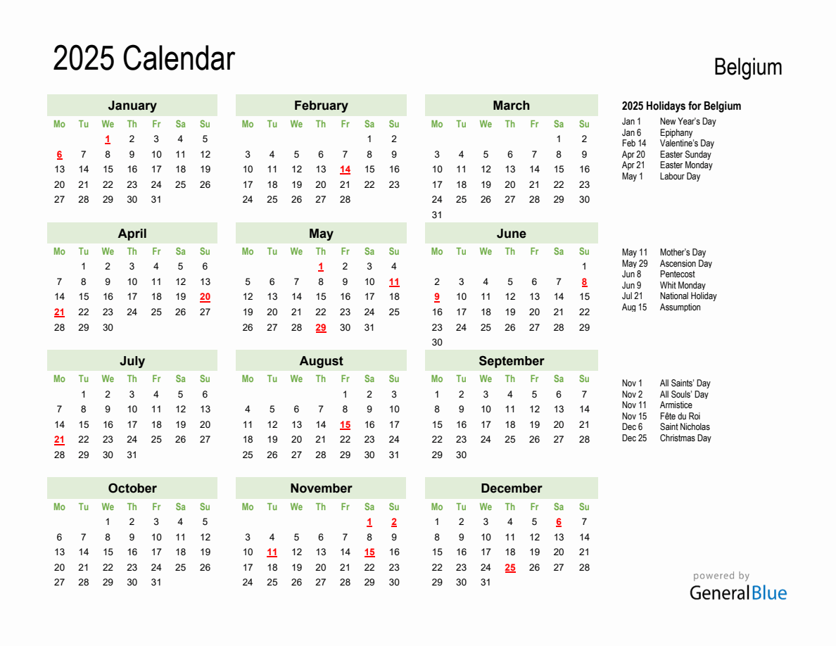 Holiday Calendar 2025 for Belgium (Monday Start)