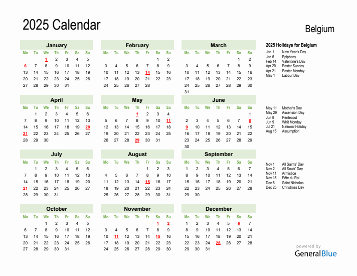 Holiday Calendar 2025 for Belgium (Monday Start)