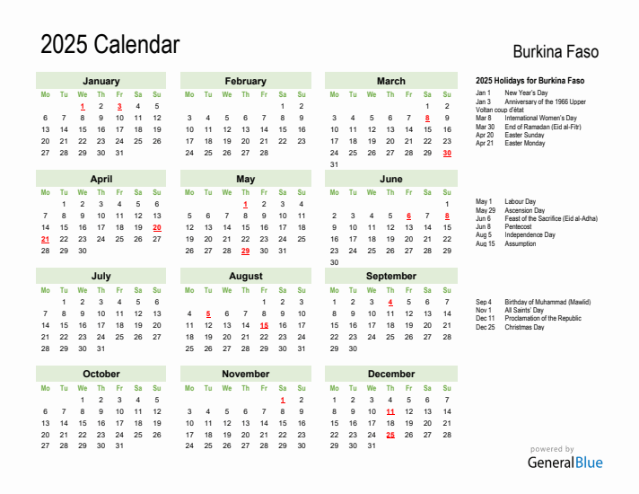 Holiday Calendar 2025 for Burkina Faso (Monday Start)