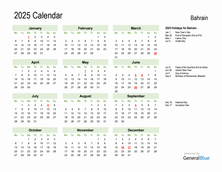 Holiday Calendar 2025 for Bahrain (Monday Start)