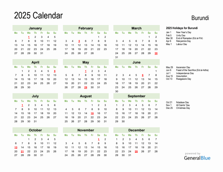 Holiday Calendar 2025 for Burundi (Monday Start)