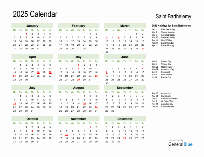 Holiday Calendar 2025 for Saint Barthelemy (Monday Start)