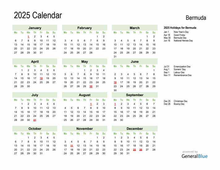 Holiday Calendar 2025 for Bermuda (Monday Start)