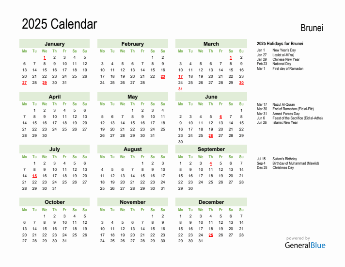 Holiday Calendar 2025 for Brunei (Monday Start)