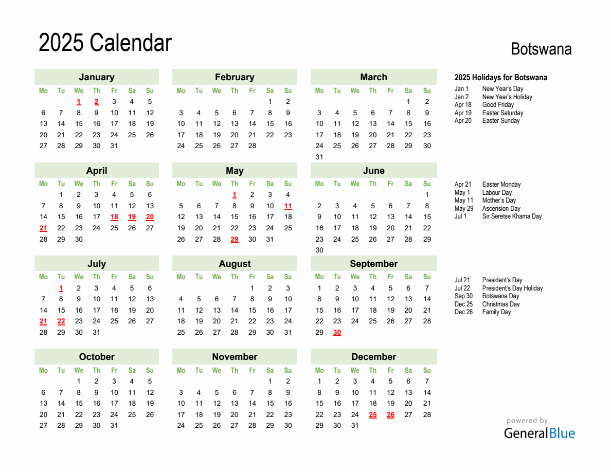 Holiday Calendar 2025 for Botswana (Monday Start)