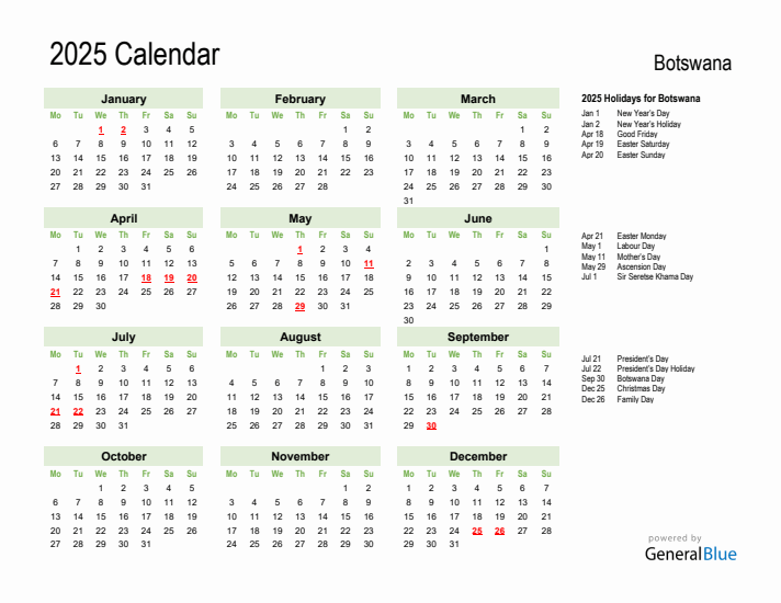 Holiday Calendar 2025 for Botswana (Monday Start)