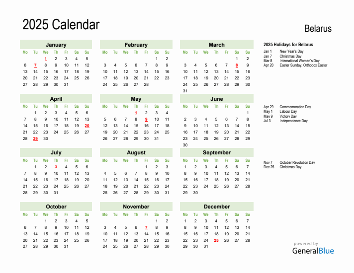Holiday Calendar 2025 for Belarus (Monday Start)