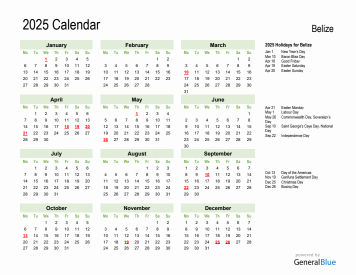 Holiday Calendar 2025 for Belize (Monday Start)