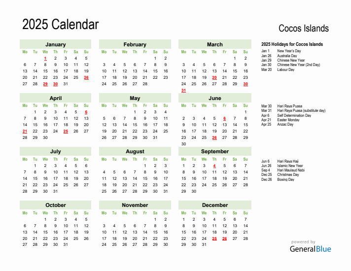 Holiday Calendar 2025 for Cocos Islands (Monday Start)