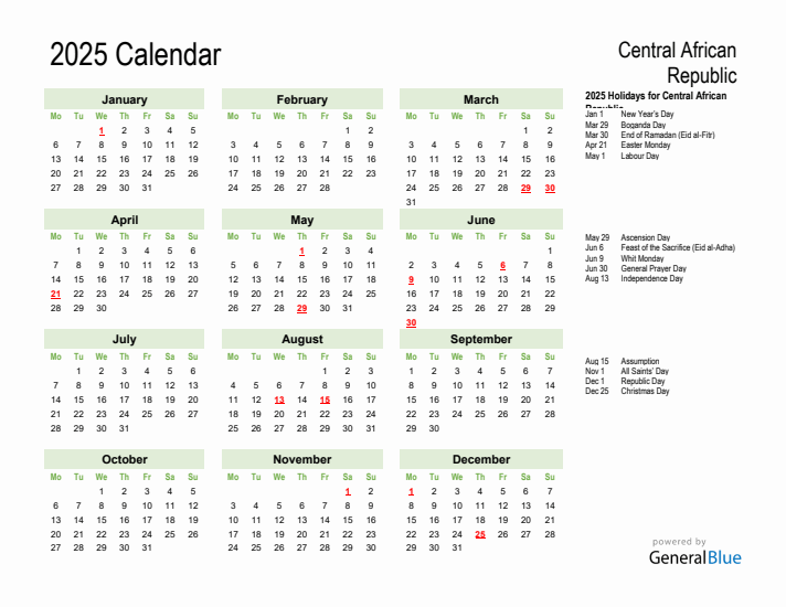 Holiday Calendar 2025 for Central African Republic (Monday Start)
