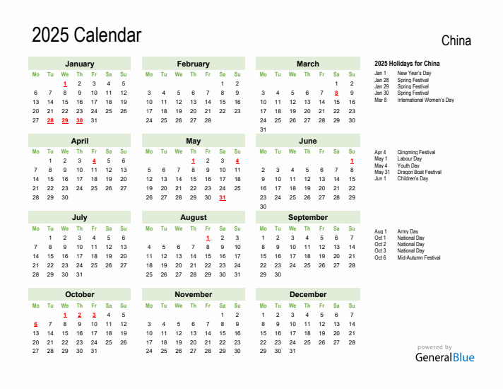 Holiday Calendar 2025 for China (Monday Start)