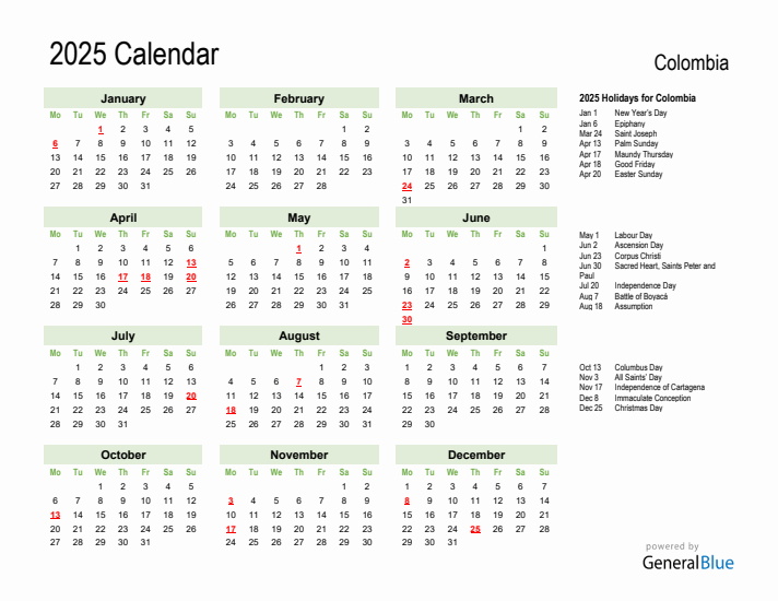 Holiday Calendar 2025 for Colombia (Monday Start)