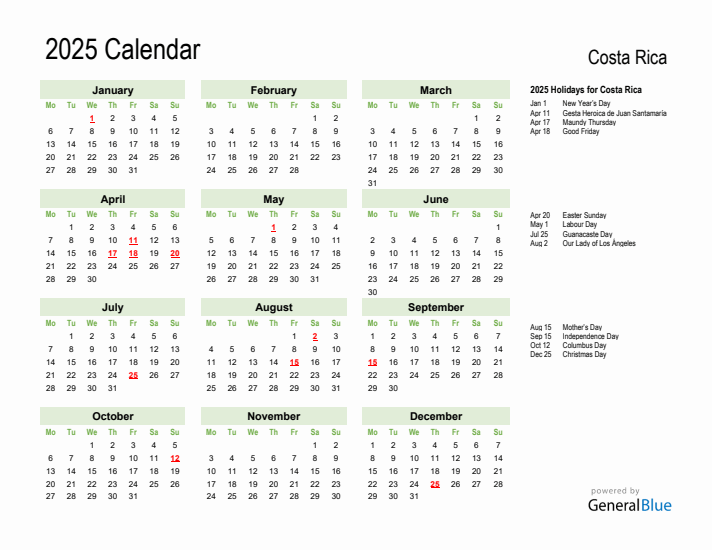 Holiday Calendar 2025 for Costa Rica (Monday Start)