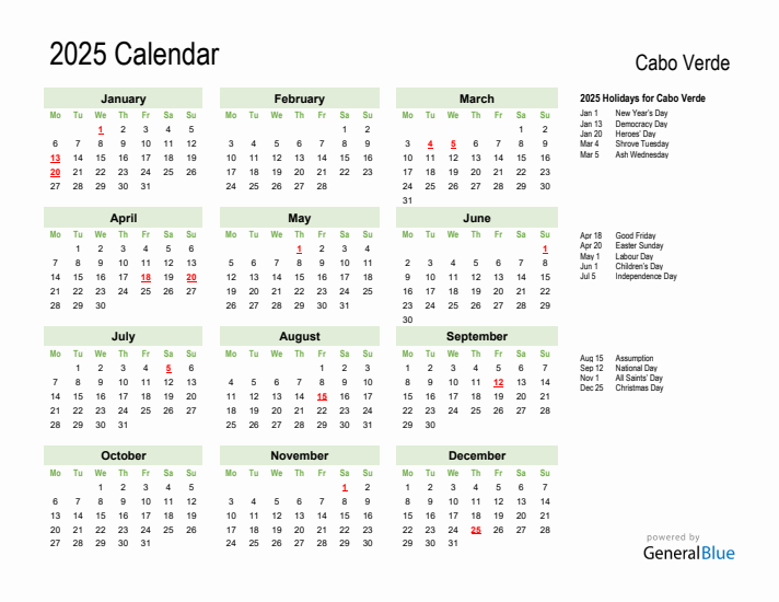 Holiday Calendar 2025 for Cabo Verde (Monday Start)
