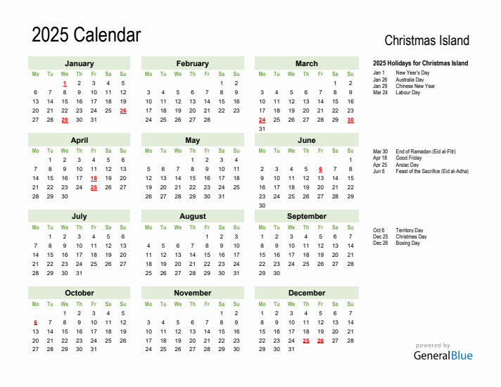 Holiday Calendar 2025 for Christmas Island (Monday Start)