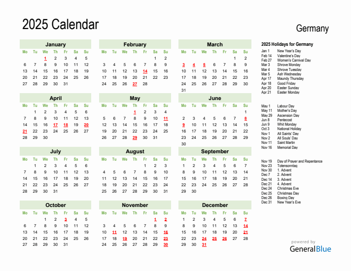 Holiday Calendar 2025 for Germany (Monday Start)